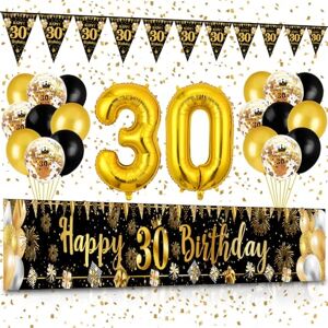 30th Birthday Decorations for Men Women, Waylipun Black Gold 30th Birthday Decoration Kit Include Happy 30th Birthday Banner, Triangle Flag Banner, Birthday Balloons Number 30 Foil Balloon