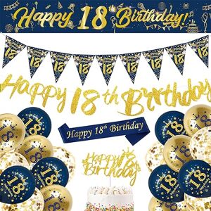 DEARLIVES 18th Birthday Decorations Men,Blue Gold Happy 18th Birthday Banner,18th Birthday Balloons,Bunting Flags,Sash,Cake Toppers for Men Women Blue 18th Birthday Party Supplies