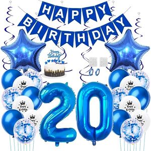 Daimay 20th Birthday Party Decorations Blue Happy Birthday Banner Flag Latex Confetti Balloons Number 20 Foil Balloon Star Mylar Balloons Cake Topper for Men Women Anniversary Party Supplies