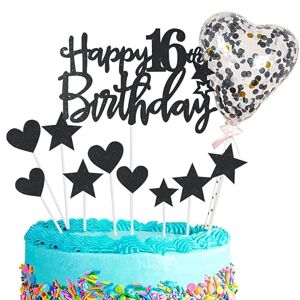 POPOYU 11pcs Black Happy 16th Birthday Cake Toppers,Personalised Cake Topper for Boy&Girl,16th Birthday Cake Decorations Glitter Cupcake Toppers Cake Toppers Kits 5 Star 4 Heart with Balloon