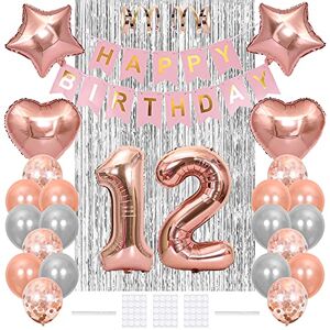 Xihuimay 12th Birthday Decoration Happy Birthday Banner Flag 12 Year Old Birthday Party Supplies Tinsel Curtain Number 12 Balloon Confetti Latex Helium Balloon Star Heart Foil Balloon, Rose Gold