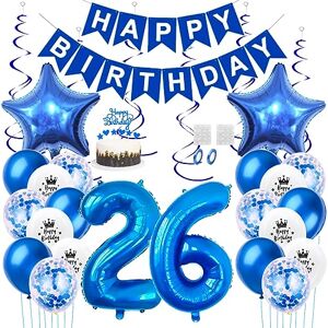 Daimay 26th Birthday Party Decorations Blue Happy Birthday Banner Flag Latex Confetti Balloons Number 26 Foil Balloon Star Mylar Balloons Cake Topper for Men Women Anniversary Party Supplies