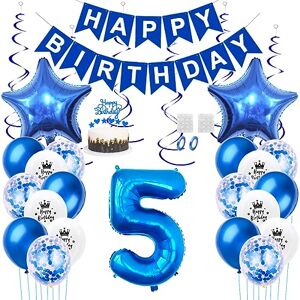 Daimay 5th Birthday Party Decorations Blue Happy Birthday Banner Flag Latex Confetti Balloons Number 5 Foil Balloon Star Mylar Balloons Cake Topper for Men Women Anniversary Party Supplies