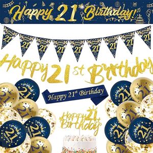 DEARLIVES 21st Birthday Decorations Men,Blue Gold Happy 21st Birthday Banner,21st Birthday Balloons,Bunting Flags,Sash,Cake Toppers for Men Women Blue 21st Birthday Party Supplies