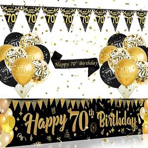 DEARLIVES Black Gold 70th Happy Birthday Decorations Kit,Happy 70th Birthday Yard Banner,70th Birthday Balloons,Sash,Banner Triangle Flags for Women Men 70th Birthday Party Supplies