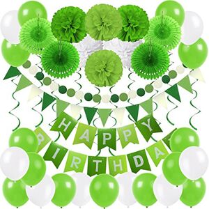 ZERODECO Birthday Party Decoration, Happy Birthday Banner with 4 Paper Fans Tissue 6 Paper Pom Poms Flower 10 Hanging Swirl and 20 Balloon for Birthday Party Decorations -Green, Light Green and White