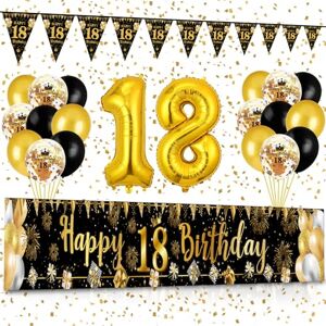 18th Birthday Decorations for Boys Girls, Waylipun Black Gold 18th Birthday Decoration Kit Include Happy 18th Birthday Banner, Triangle Flag Banner, Birthday Balloons Number 18 Foil Balloon