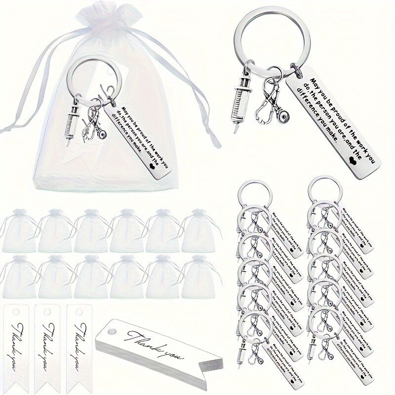 Temu 45pcs, Nurse Thank You Gift, Nurse College Nurse Week Gift Doctor Nursing Student Gift Thank You Gift Nurse Party Keepsake, 15pcs Stainless Steel Key Chain, 15pcs Organza Bag And 15pcs Thank You Card