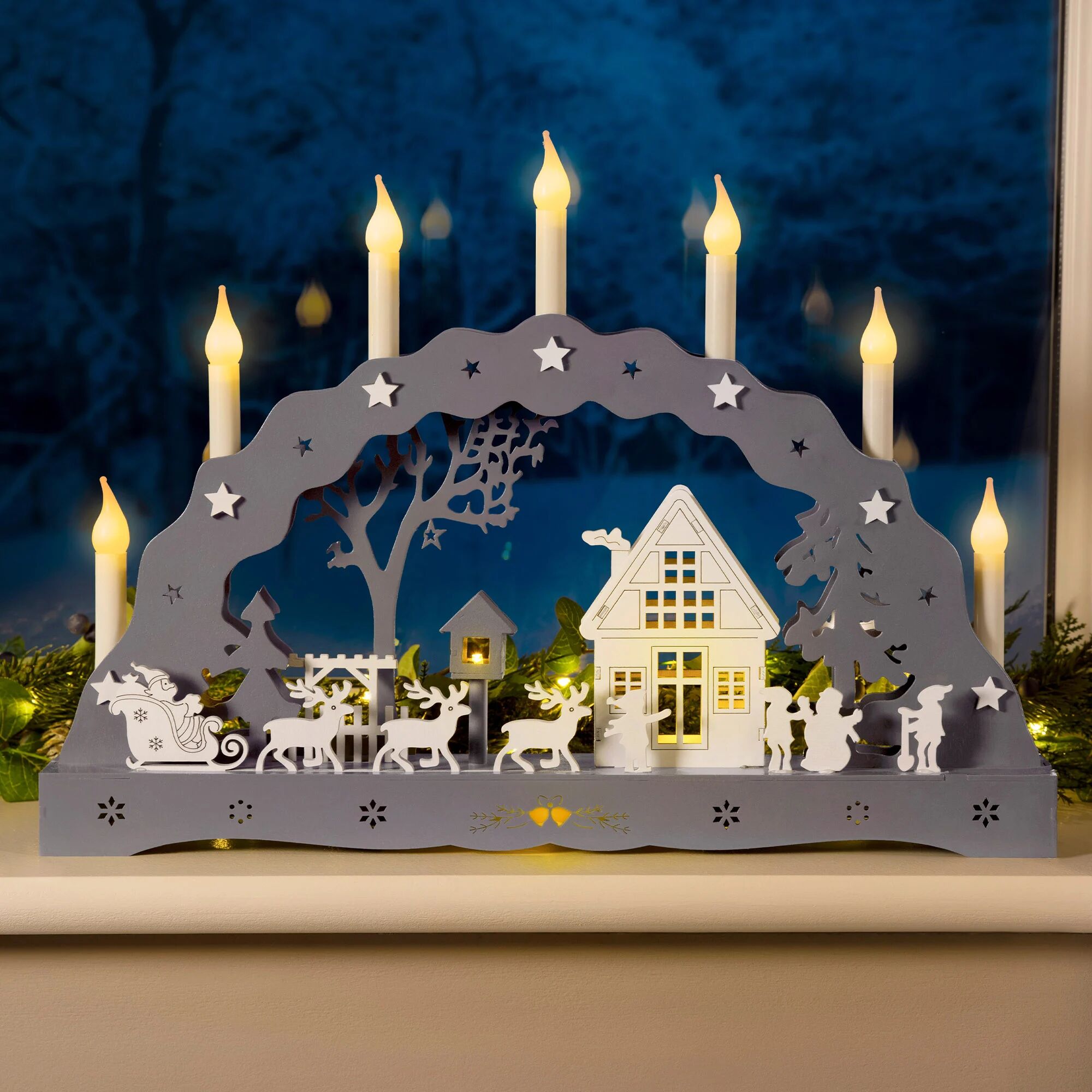 Christow Grey Candle Arch with Christmas Scene (Battery Operated with Timer) - Grey