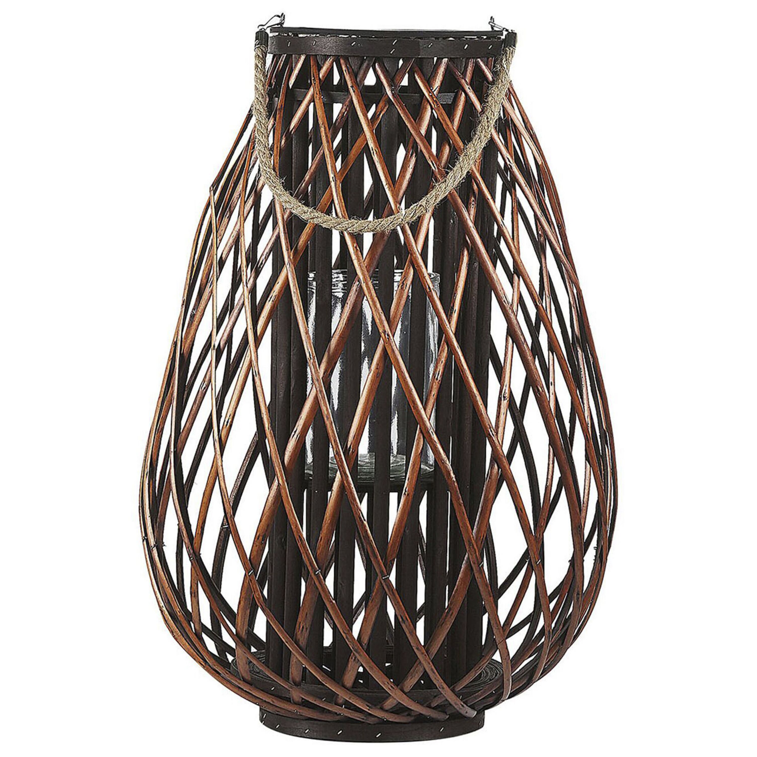 Beliani Lantern Brown Willow Wood 60 cm Rope Handle Decorative Candle Holder