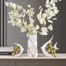 Homary Matte Gold Pair of Fish Resin Ornaments White Artificial Plant Arrangement in Gold Vase