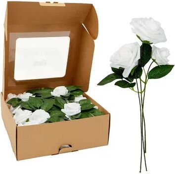 Bright Creations 60 Pieces Artificial White Flowers (3 Sizes), Foam Roses Bulk with Stems & Leaves for Wedding Decorations DIY Bouquets