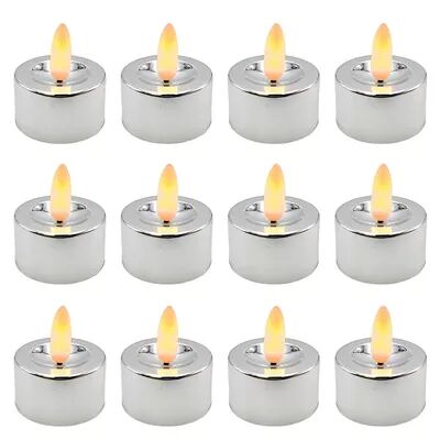 LumaBase Battery Operated 3-D Wick Flame Silver Finish Tea Light 12-piece Set