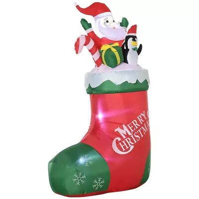 Outsunny 5ft Christmas Inflatable Santa and Penguin Standing in Sock with Candy Cane Gift Box, Blow-Up Outdoor LED Yard Display for Lawn Garden Party,