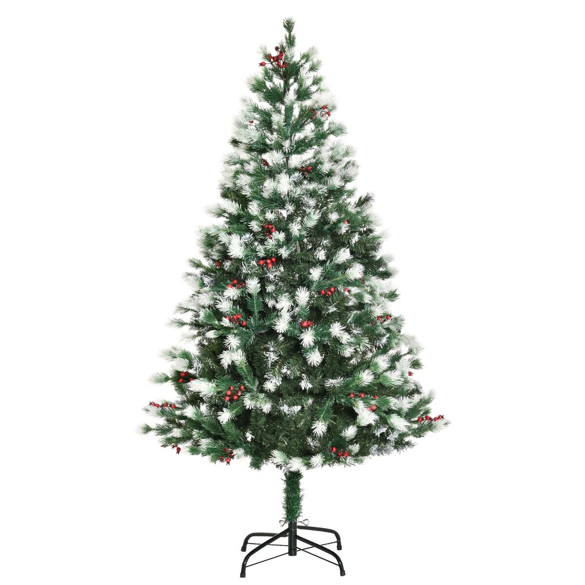 HOMCOM 5ft Artificial Snow-Flocked Pine Tree, Holiday Home Christmas Decoration Tree with Red Berries, Automatic Open, Green/White