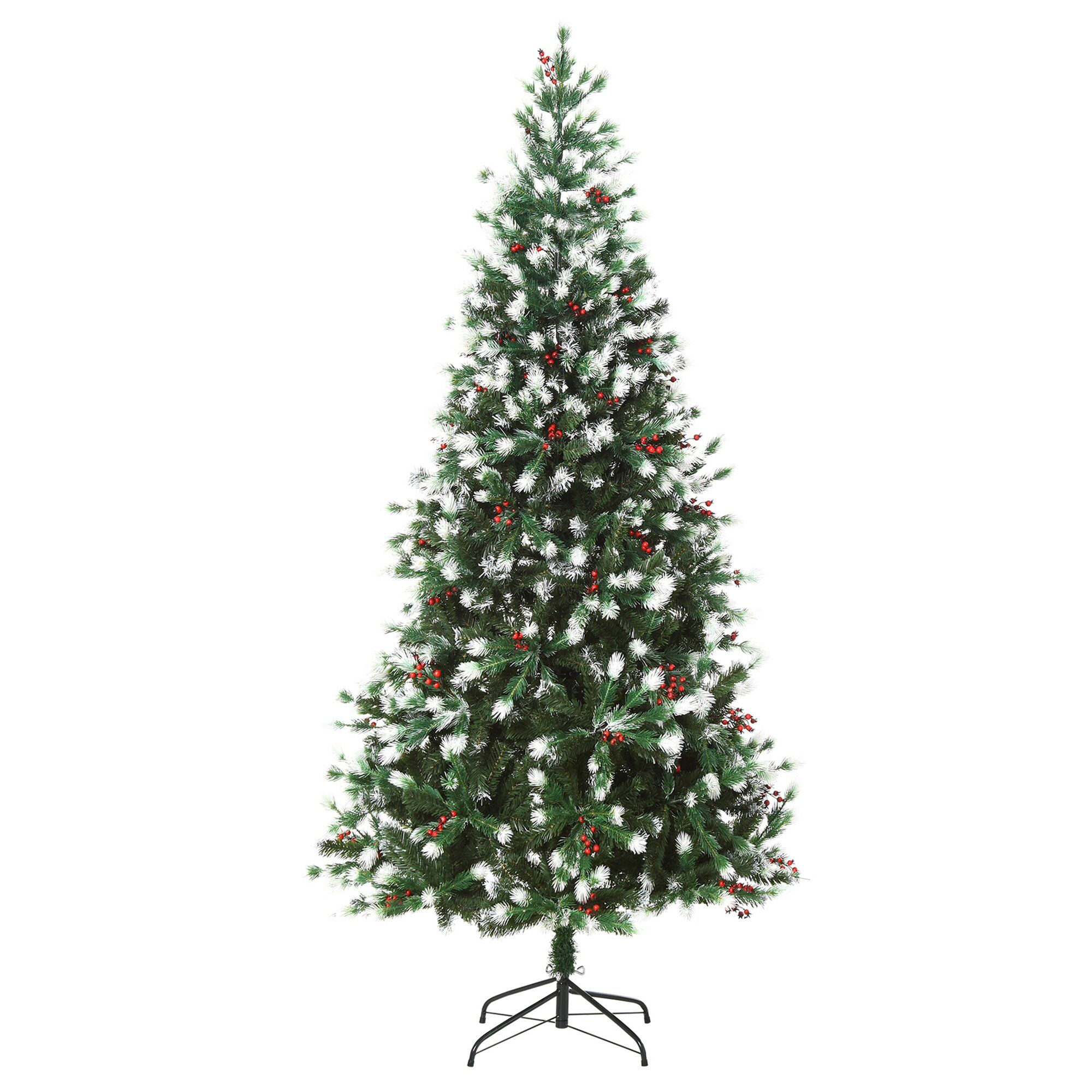 HOMCOM 7ft Artificial Snow-Flocked Pine Tree, Holiday Home Christmas Decoration Tree with Red Berries, Automatic Open, Green/White