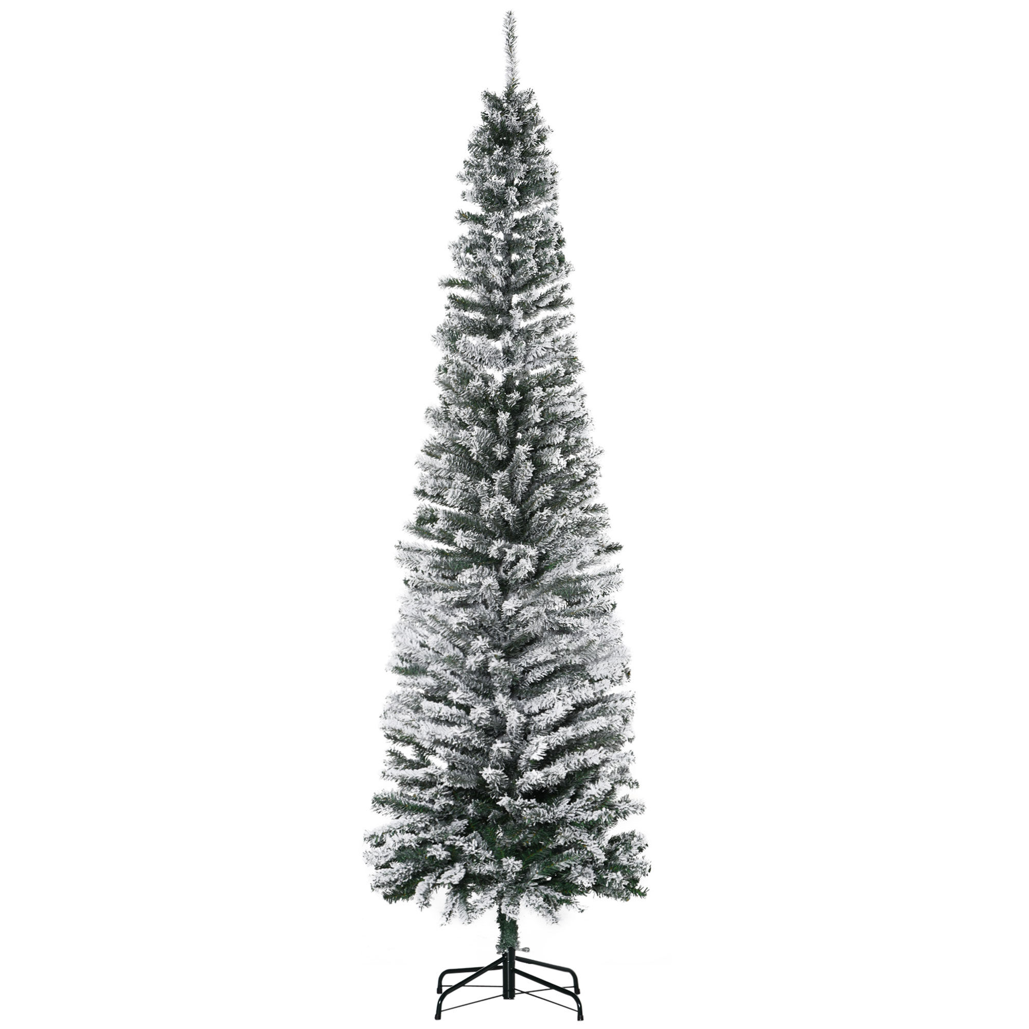 HOMCOM 7.5ft Artificial Snow Flocked Christmas Tree, Winter Style Holiday Xmas Pencil Tree with Foldable Steel Stand Home Indoor Decoration, Green