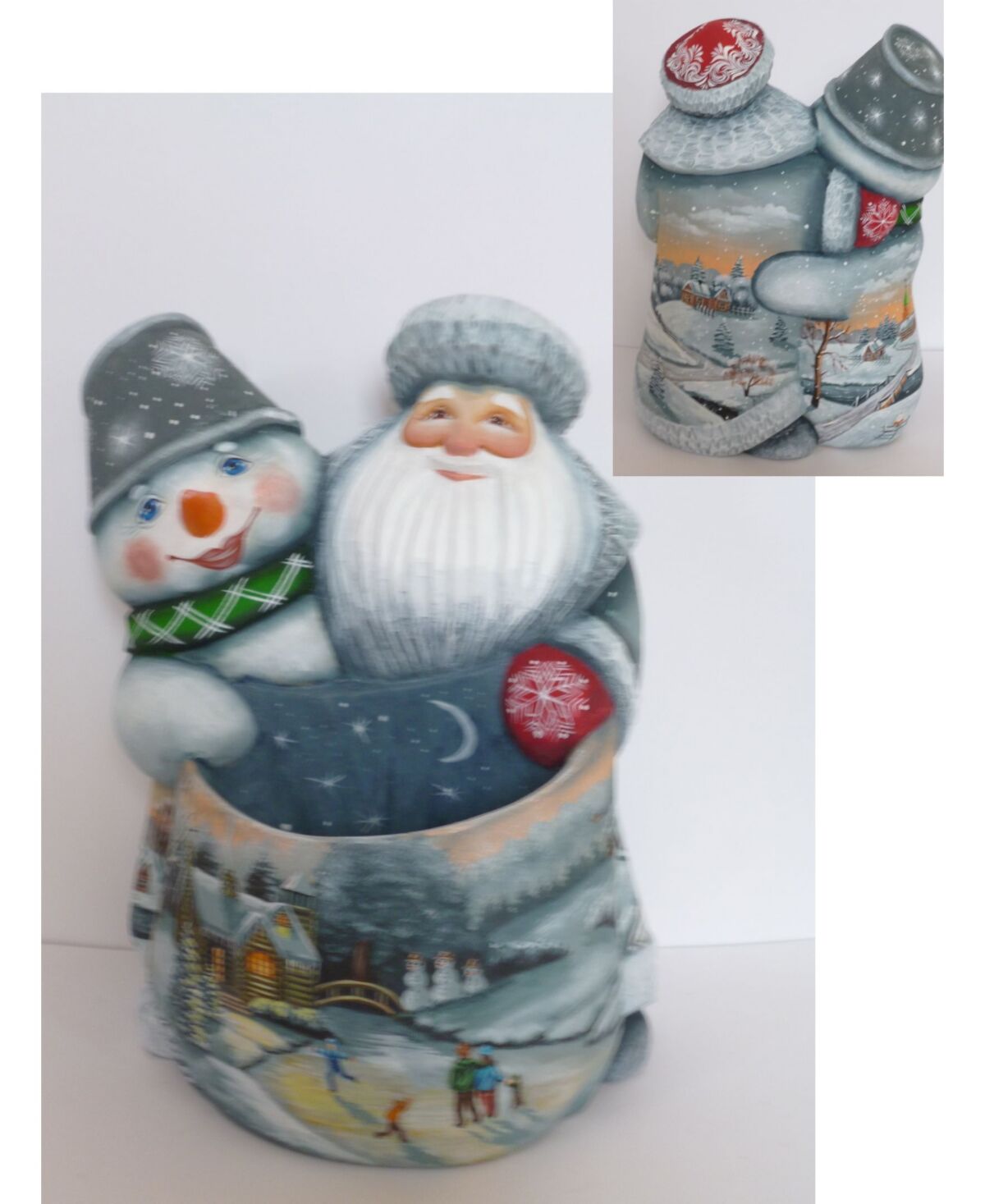 G.DeBrekht Woodcarved and Hand Painted Santa and Snowman Companions Bag Masterpiece Signature Figurine - Multi