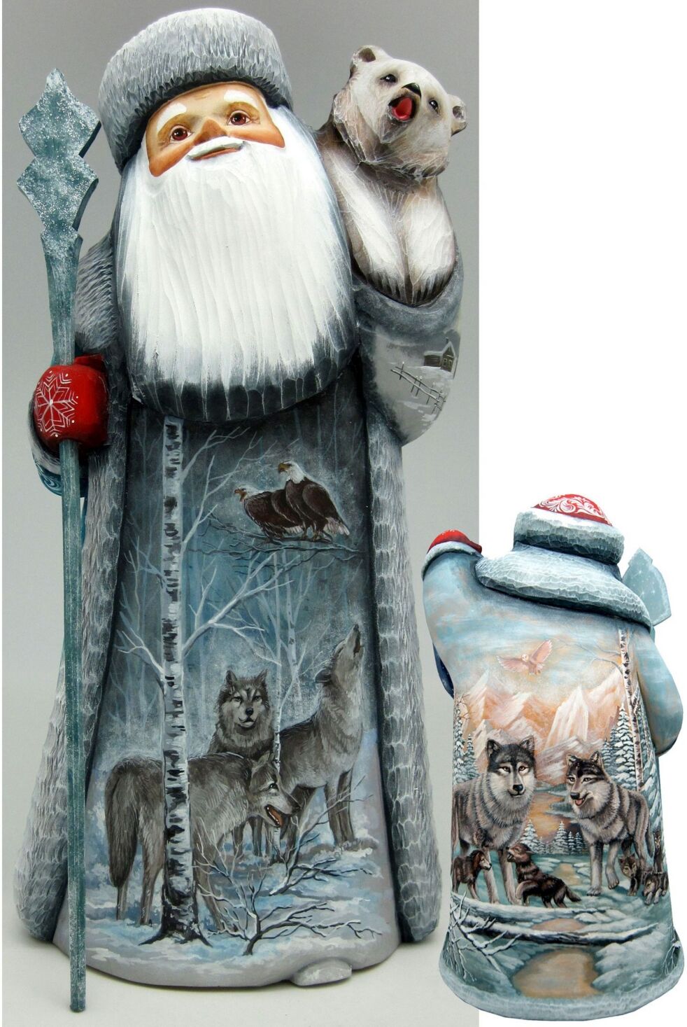 G.DeBrekht Woodcarved and Hand Painted Signature Wolf Santa and Hand Painted Figurine - Multi