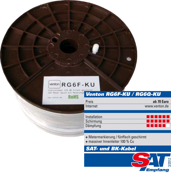 Venton Koax Sat Kabel Venton RG6F-KU 140dB Kupfer 5-Fach HQ 100m Rolle Koaxialkabel