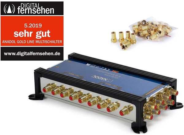 Anadol Gold Line 9/8 Multischalter 2 Satellit 8 Ausgänge 17 x vergoldete F-Stecker