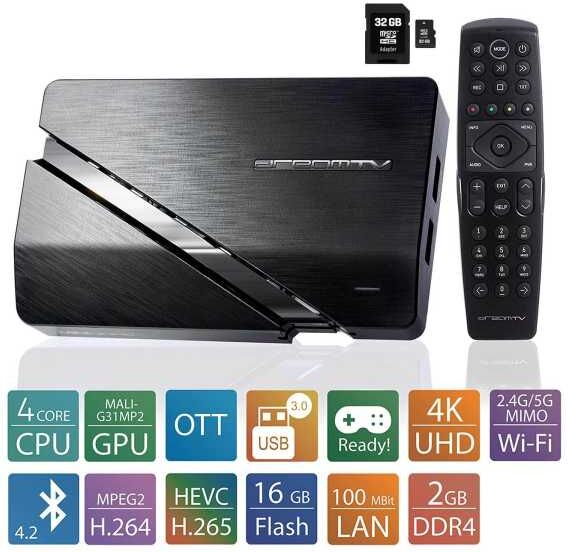 DreamTV Mini Ultra HD Android 9.0 TV IP Media Player Dual Wlan TV Box mit 32GB SD-Karte