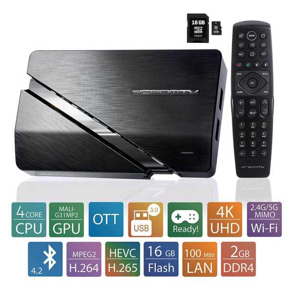 DreamTV Mini Ultra HD Android 9.0 TV IP Media Player Dual Wlan TV Box mit 16GB SD-Karte