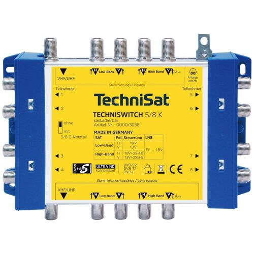 TechniSat Techniswitch 5/8 K, Kaskade Satelliet multiswitch cascade Ingangen (satelliet): 5 (4 satelliet / 1 terrestrisch) Aantal gebruikers: 8