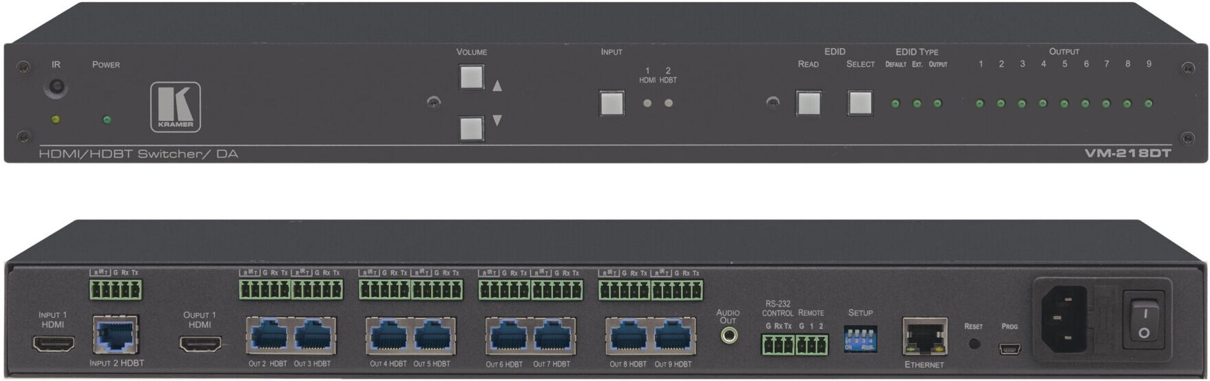 Kramer VM-218DT2x1: 8 4K60 4:2:0 HDMI — und Long–Reach HDBaseT–, RS–232–, IR — und Stereo–Audio–umschaltbarer