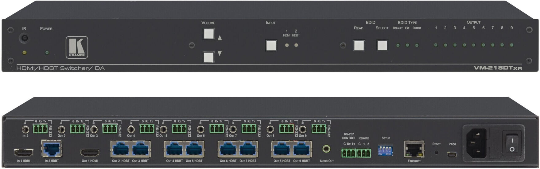 Kramer VM-218DTxr2x1: 8 4K60 4:2:0 HDMI & Extended–Reach HDBaseT mit Ethernet, RS–232, IR und Stereo Audio umschaltbar