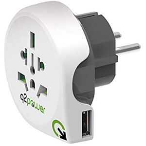 Q2 Power World to Europe USB   Universal-Reiseadapter mit Erdungsstecker und 1 USB Typ A 2,1 A   Kid Safe Stoßschutz   Spannung und Leistung 100V-1600W / 250V-4000W