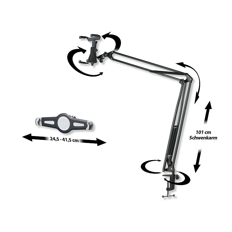 Callstel Stabiler XXL-Tablet-Schwenkarm zur Tisch-Montage, auch für iPad Pro