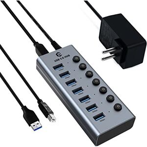 HOPDAY USB 3.0 Hub mit Netzteil  USB Hub, 7 Port USB Hub Aktiv USB Verteiler mit individuellen EIN-/Ausschaltern und 1 m langem Kabel für MacBook, iMac, Surface, Dell, Laptop, PC, HHD, SSD