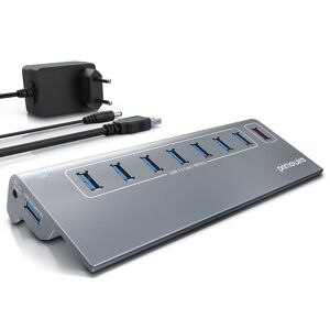 Primewire 8 Port USB 3.2 Gen.1 Port Hub - 8 x USB 3.2 Gen1, Davon 1x USB Ladeport smart Charge - 8 Port Verteiler mit Netzteil - Alugehäuse - für PC