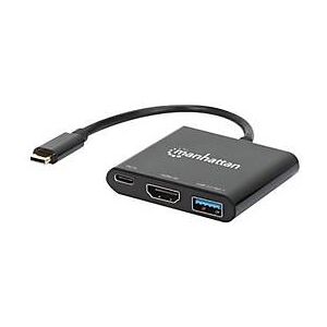 Manhattan USB-C Dock/Hub, Ports (x3): HDMI, USB-A and USB-C, With Power Delivery (100W) to USB-C Port (Note additional USB-C wall charger and USB-C cable needed), Cable 10cm, Black, Three Year Warranty, Retail Box - Dockingstation - USB-C 3.2 Gen ...