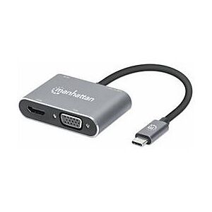 Manhattan USB-C Dock/Hub, Ports (x4):  HDMI, USB-A, USB-C and VGA, With Power Delivery (87W) to USB-C Port (Note add USB-C wall charger and USB-C cable needed), All Ports can be used at the same time, Aluminium, Space Grey, Three Year Warranty, Re...