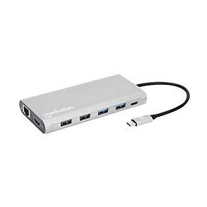 Manhattan USB-C Dock/Hub with Card Reader and MST, Ports (x10): Ethernet, 4K HDMI (X3), USB-A (x3) and USB-C (x2), With Power Delivery (100W) to 1x USB-C Port (USB-C wall charger/ cable needed) - Dockingstation - USB-C 3.2 Gen 1 - HDMI - GigE