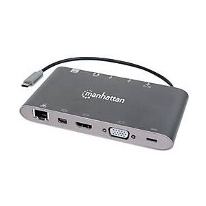 Manhattan USB-C Dock/Hub with Card Reader, Ports (x8): USB-C to HDMI, Audio 3.5mm, Ethernet, Mini DisplayPort, USB-A (x3) and USB-C, With Power Delivery (60W) to USB-C Port (Note add USB-C wall charger and USB-C cable needed), All Ports can be use...