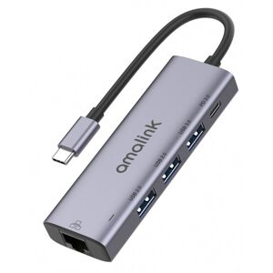 amalink 95121D Type-C / USB-C to RJ45 + 3 Ports USB + PD 3.0 Multi-function HUB(Grey)