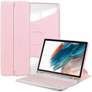 Unichthy Keyboard Case for Samsung Galaxy Tab S9 FE 10.9 Inch (SM-X510/SM-X516/SM-X518) S Pen Holder Detachable Wireless Keyboard Cover Shockproof 360 Swiveling Stand Clear Skin - Pink