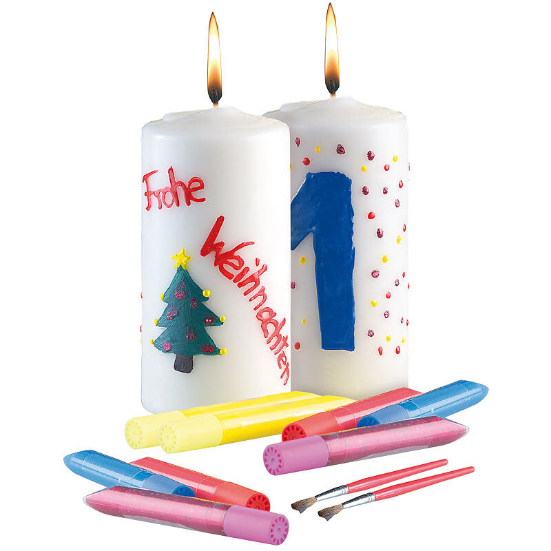 Your Design 2er-Set Kerzen zum Selbstbemalen mit je 3 Farben, Glitzer und Pinsel
