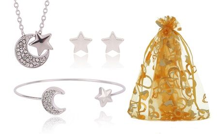 Groupon Goods Global GmbH Halskette, Armband und Ohrstecker mit Mond und Sternen-Design und mit Swarovski®-Kristallen