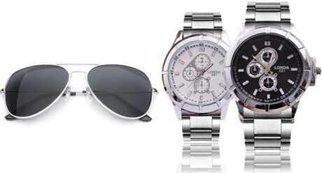 Groupon Goods Global GmbH Herrenuhr Londa 681 mit Edelstahlarmband und wahlweise mit oder ohne Piloten Sonnenbrille