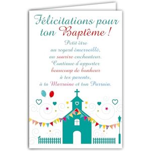 AFIE 69-3931 Carte Félicitations Baptême Enfant pour Garçon Fille Grand Texte Marraine Parrain Parents Bisous église Chapelle Fête Fanions étoiles Cœur Carte qui s'ouvre avec Enveloppe Format 12x17,5cm - Publicité