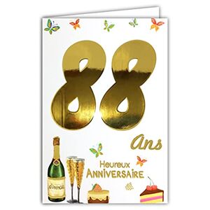 AFIE Carte Heureux ANNIVERSAIRE 88 ans avec un texte à l'intérieur Bouteille Flûtes Champagne Vin Pétillant Gâteau Fraise Cerises Papillons - Publicité