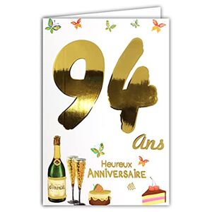 AFIE Carte Heureux ANNIVERSAIRE 94 ans avec un texte à l'intérieur Bouteille Flûtes Champagne Vin Pétillant Gâteau Fraise Cerises Papillons - Publicité