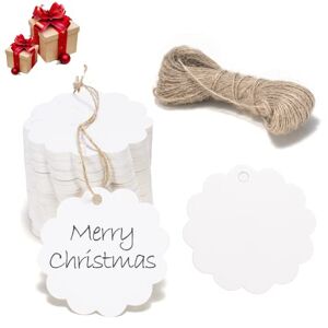 Carehabi -123 Étiquette Cadeau Noel, 100pcs Etiquettes Personnalisées Blanc Rondes avec ficelle de jute de 30 m, pendentif pour Cadeaux Noël Mariage Pâques Anniversaire (6 x 6 cm) - Publicité
