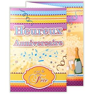 AFIE D8377 Carte Heureux Anniversaire 3 volets dépliants avec PAILLETTES et ENVELOPPE Jaune Fête Notes de Musique Gâteau Cadeaux Bouquet de Fleurs Tulipes Flûtes Vin Pétillant Champagne - Publicité