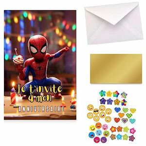 GeekWithAttitude Lot de 10 cartes d'invitations anniversaire Spiderman, Fête anniversaire, carte anniversaire pour garçon 10 stickers, 10 autocollants dorés à gratter et 10 enveloppes blanches - Publicité