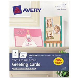 Avery Cartes de vœux imprimables, à moitié pliées, 14 x 21,6 cm, blanc texturé, 30 cartes vierges avec enveloppes (3378) - Publicité